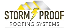 Logo of Storm Proof Roofing Systems featuring a shield with a roofing symbol and company name.