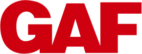 The GAF logo featuring blue lettering with a stylized orange "G" above it.