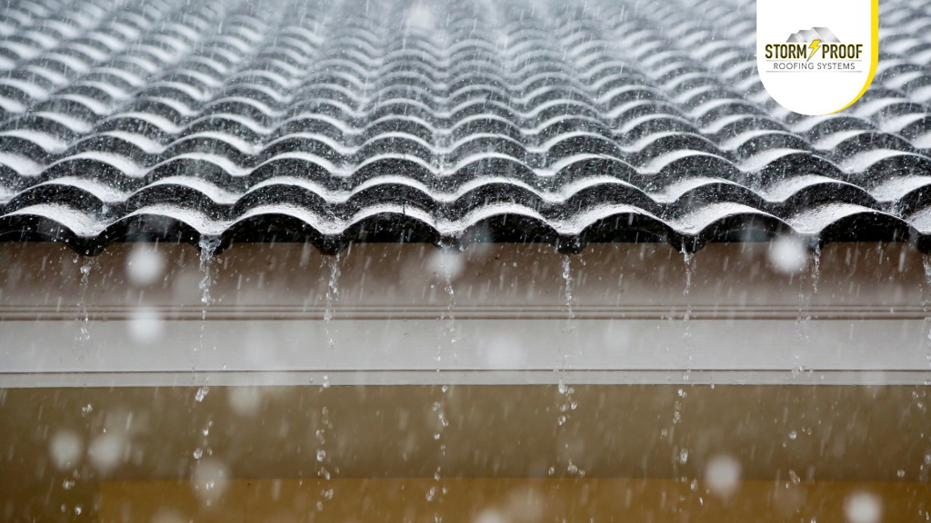 Tile roof during rain storm