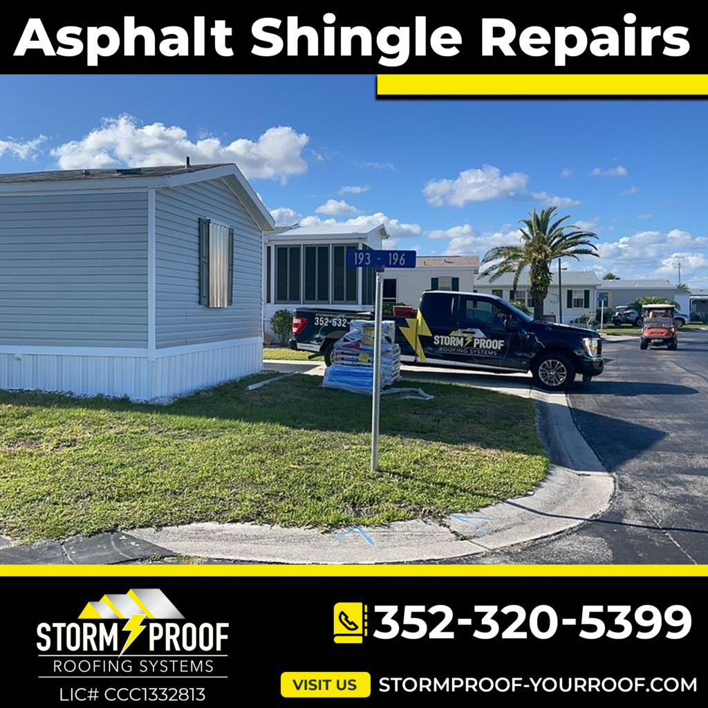 A photo of an asphalt shingle roof being repaired by professional roofing contractors. The company name, Storm Proof Roofing Systems, is included in the image.