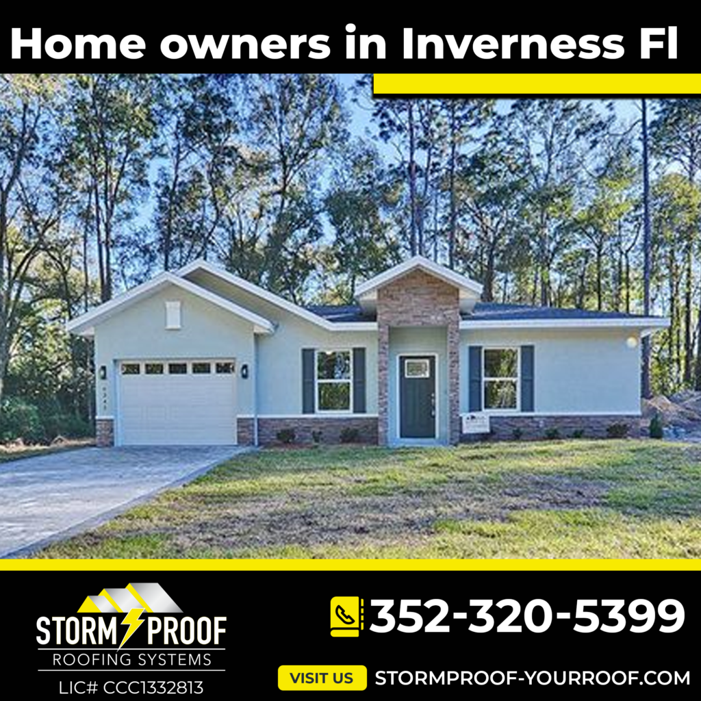 A photo of a house in Inverness, FL with Storm Proof Roofing Systems logo in the corner