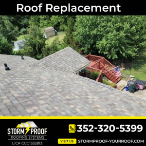 A photo of a professional roofing contractor working on a roof, with the Storm Proof Roofing Systems logo in the corner. Location: Inverness Fl, We service Central Florida