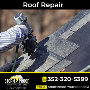 A photo of a team of professionals repairing a roof, with the Storm Proof Roofing Systems logo in the corner.