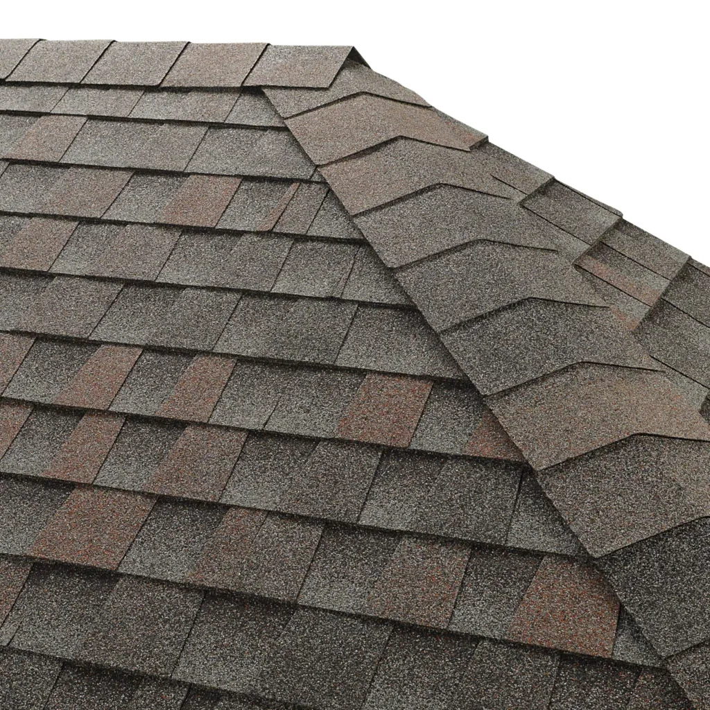 A close-up view of GAF Williamsburg Slate Shingles on a rooftop.