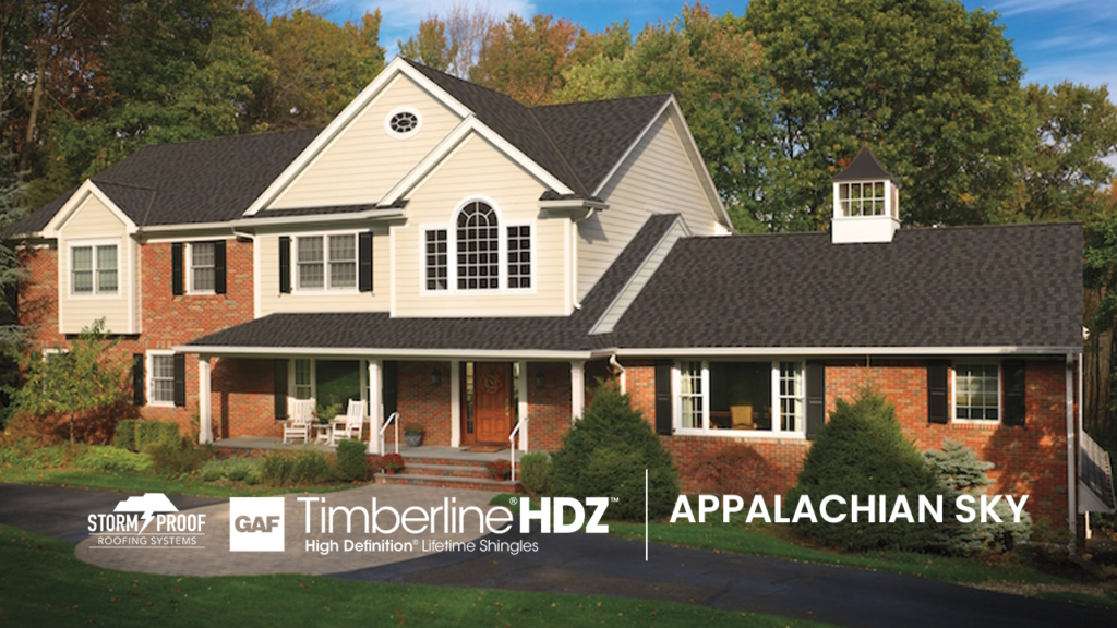 A modern house featuring a roof made of GAF Appalachian Sky Shingles.