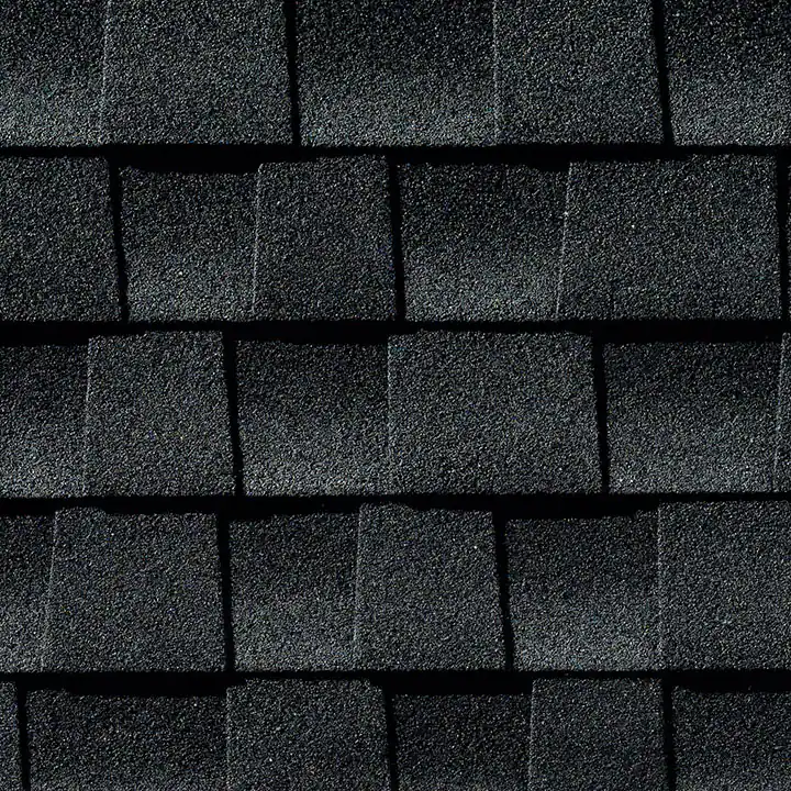 Timberline HD Charcoal shingle swatch from GAF, a top roofing manufacturer, featuring a rich, dark color and distinctive texture that complements various home styles.