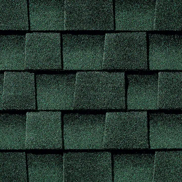 Timberline HD Hunter Green shingle swatch from GAF, a top roofing manufacturer, featuring deep, rich tones and a distinctive texture that adds vibrancy and longevity to any home.