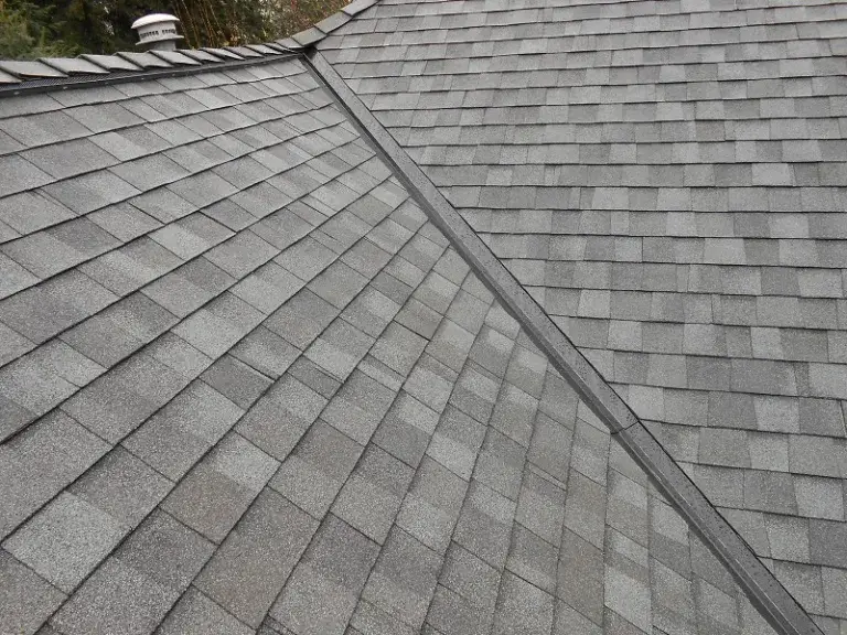 Close-up view of Georgetown Gray roof shingles installed on a residential home, showcasing the textured surface and subtle gray tones.