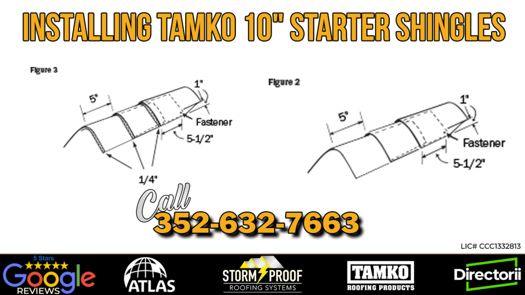 A drawing shows the step-by-step process for installing TAMKO 10" Starter Shingles at the edge of a roof.