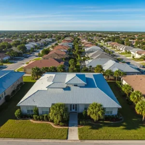 A stunning aerial drone shot captures a suburban neighborhood in Crystal River, Florida, showcasing the modern and uniform appearance of numerous metal roofs. The vibrant blue Florida sky provides a striking backdrop, highlighting the sleek design and durability of these metal roofs.