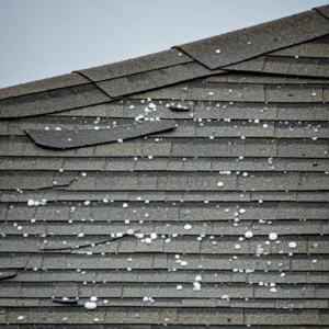 A close-up photo of a roof in Crystal River, Florida, showing severe damage caused by a recent storm. The image includes missing shingles, exposed rafters, and water stains.