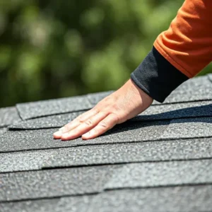 A close-up photo of a roofing contractor repairing a damaged roof in Crystal River, Florida. The contractor is using a hammer and nails to secure a new shingle to the roof.