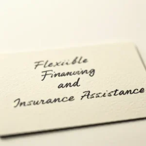 A close-up photo of an ivory business card with "Flexible Financing and Insurance Assistance" handwritten in elegant cursive script. The background is blurred, creating a shallow depth of field.