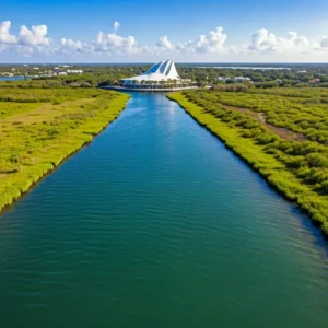 An aerial photograph showcasing a crystal clear river flowing through a picturesque landscape in Crystal River, Florida. Lush green vegetation surrounds a modern white roof, creating a serene and inviting atmosphere.