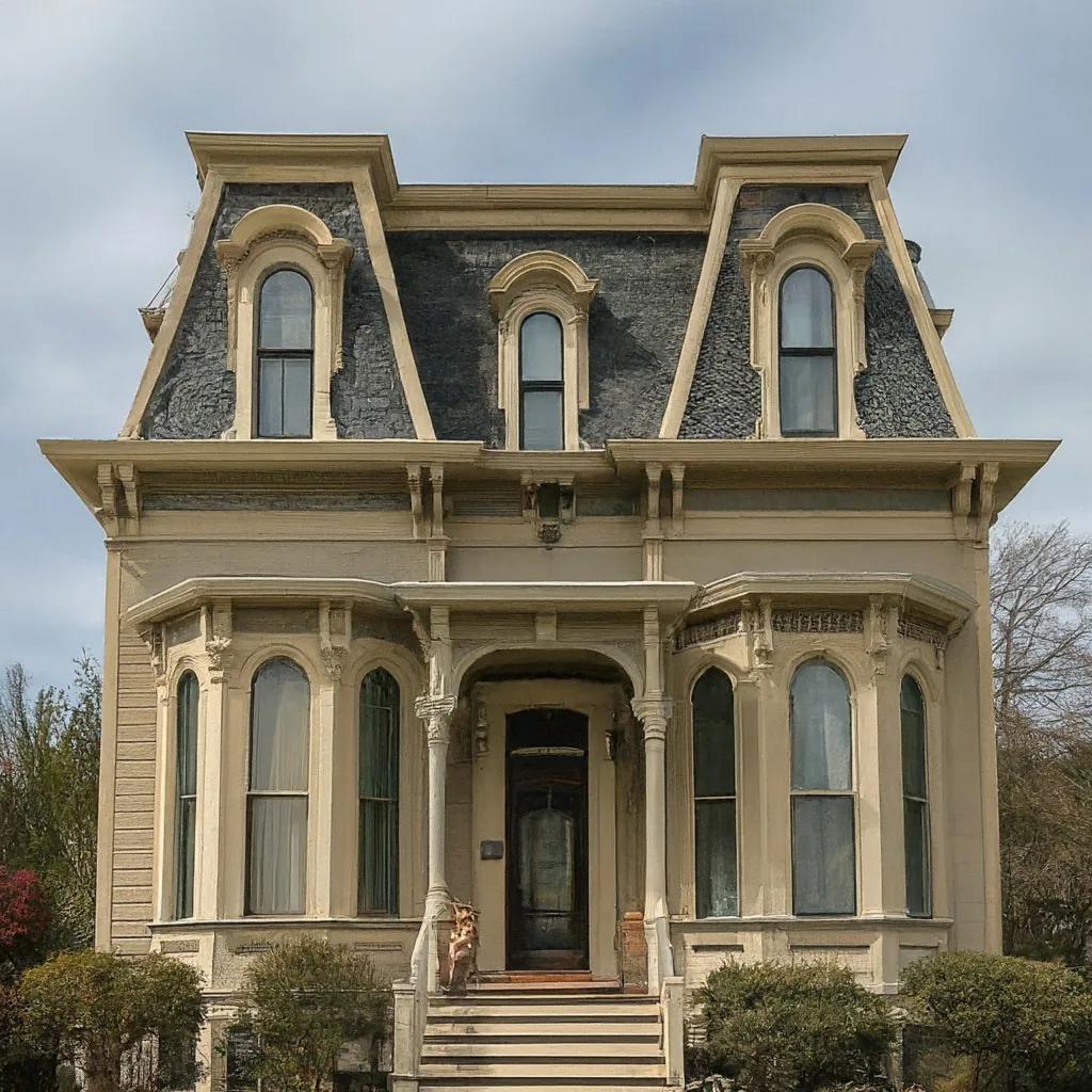 A Victorian house with a mansard roof, with labeled sections for calculating square footage.