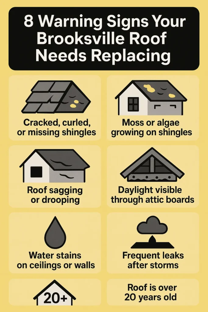 Infographic showing 8 signs that your Brooksville, FL roof needs replacement, including missing shingles, moss growth, sagging, leaks, and more