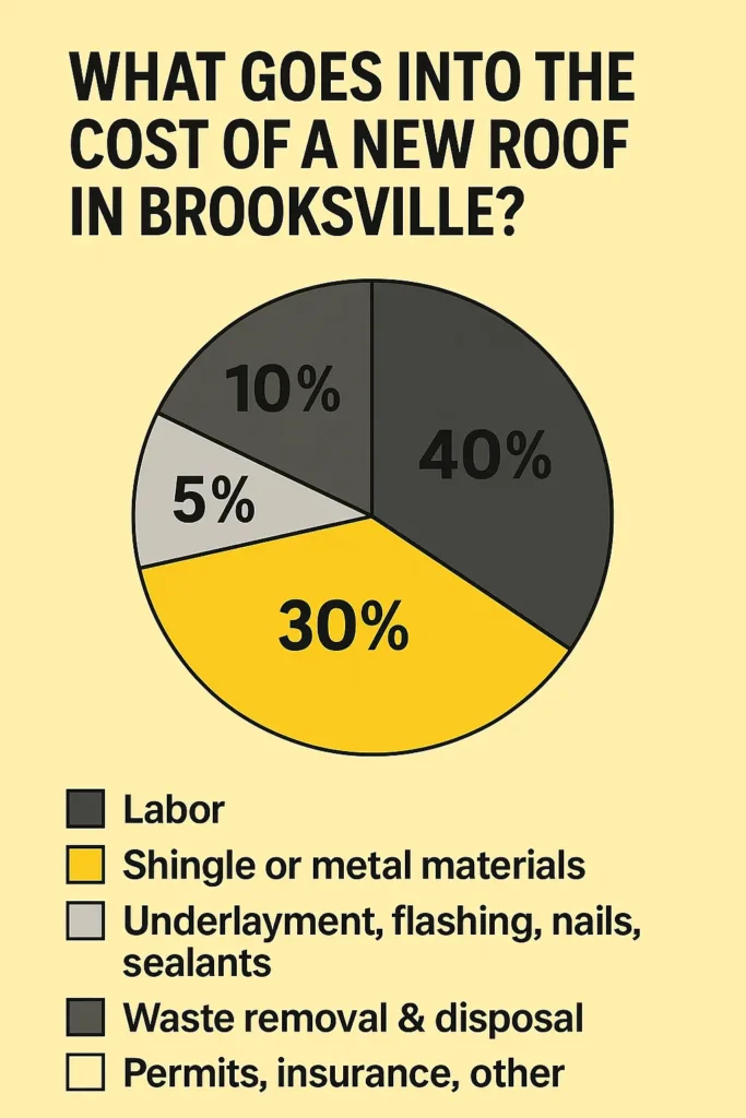 Pie chart infographic showing the cost breakdown of a new roof in Brooksville, including labor, materials, underlayment, waste disposal, and permits