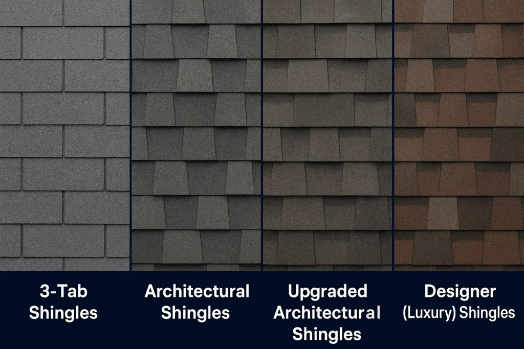 Side-by-side comparison of 3-tab shingles, architectural shingles, upgraded architectural shingles, and designer luxury shingles, showing differences in texture and style