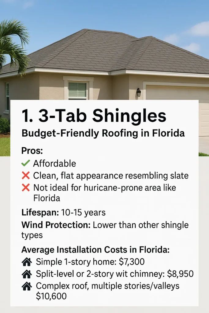 Florida home with 3-tab asphalt shingle roof and infographic showing pros, cons, lifespan, wind protection, and average installation costs