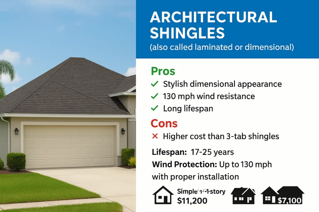 Florida home with architectural (laminated) shingle roof and infographic showing pros, cons, lifespan, wind protection, and average installation costs