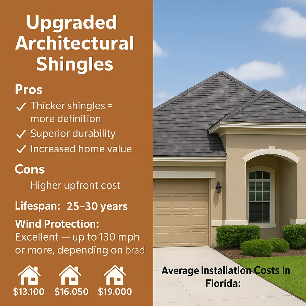 Florida home with upgraded architectural shingles and infographic showing pros, cons, lifespan, wind protection, and average installation costs