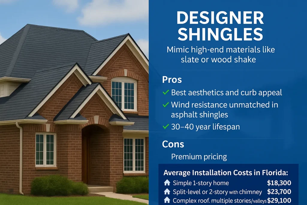 Florida home with designer asphalt shingles resembling slate, infographic showing pros, cons, lifespan, wind protection, and average installation costs