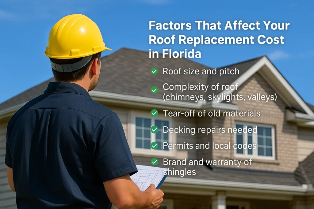 Florida roofing contractor inspecting roof with checklist, infographic listing factors that affect roof replacement cost: size, pitch, complexity, tear-off, decking repairs, permits, brand and warranty