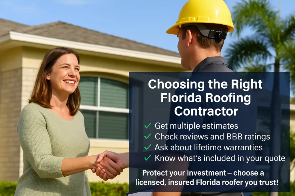 Florida homeowner shaking hands with roofing contractor in front of house, infographic listing tips for selecting the right roofing contractor